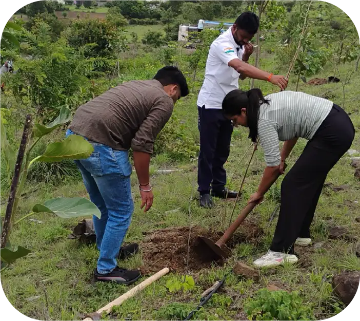 Volunteers digging and preparing land for planting saplings